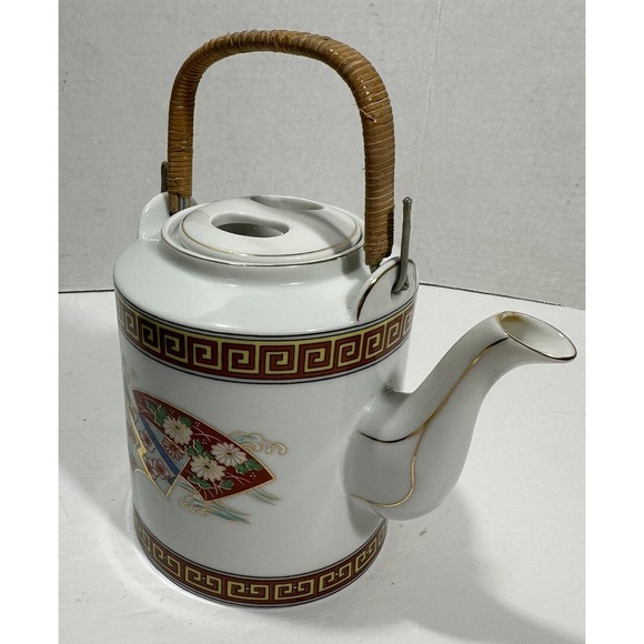 Unmarked Other - Vintage Japanese Teapot Tea Hand‎ Painted Ceramic with Rattan Handle